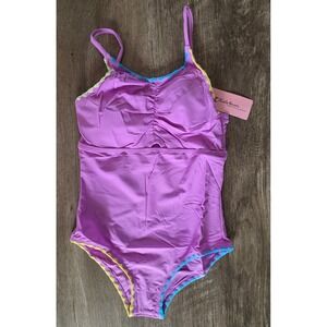 Kids Fever Girls Purple One Piece Swimsuit Scalloped Rainbow Trim NWT Size 10/12